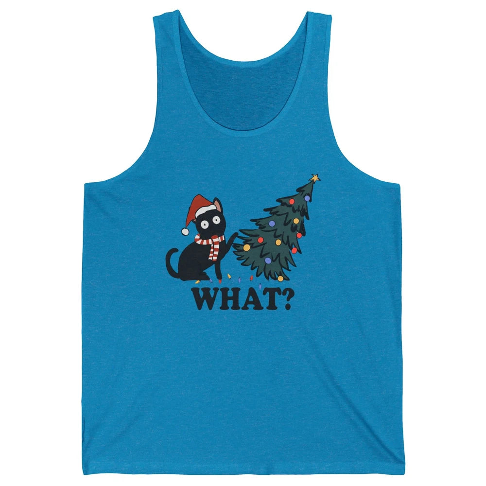 Funny Black Cat Pushing Christmas Tree What? Christmas Cat Unisex Jersey Tank