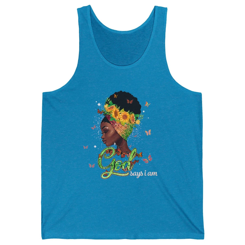 Sunflower Black Girl God Says I Am Butterflies Afro Woman Unisex Jersey Tank