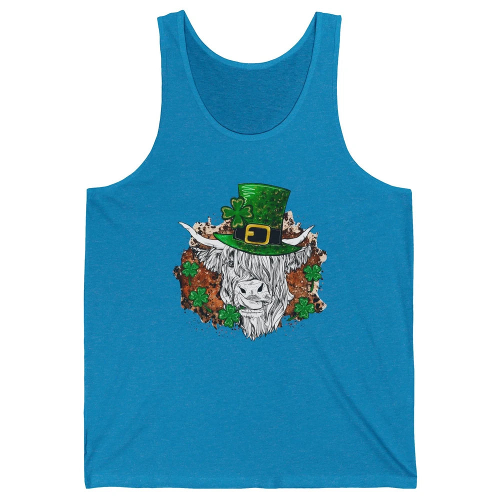 St Patrick's Day Highland Cow With Hat And Clover Shamrock Unisex Jersey Tank