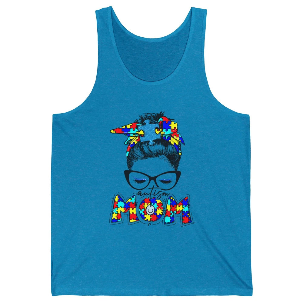 Autism Mom Messy Bun Bandana Puzzle Autism Awareness Month Unisex Jersey Tank