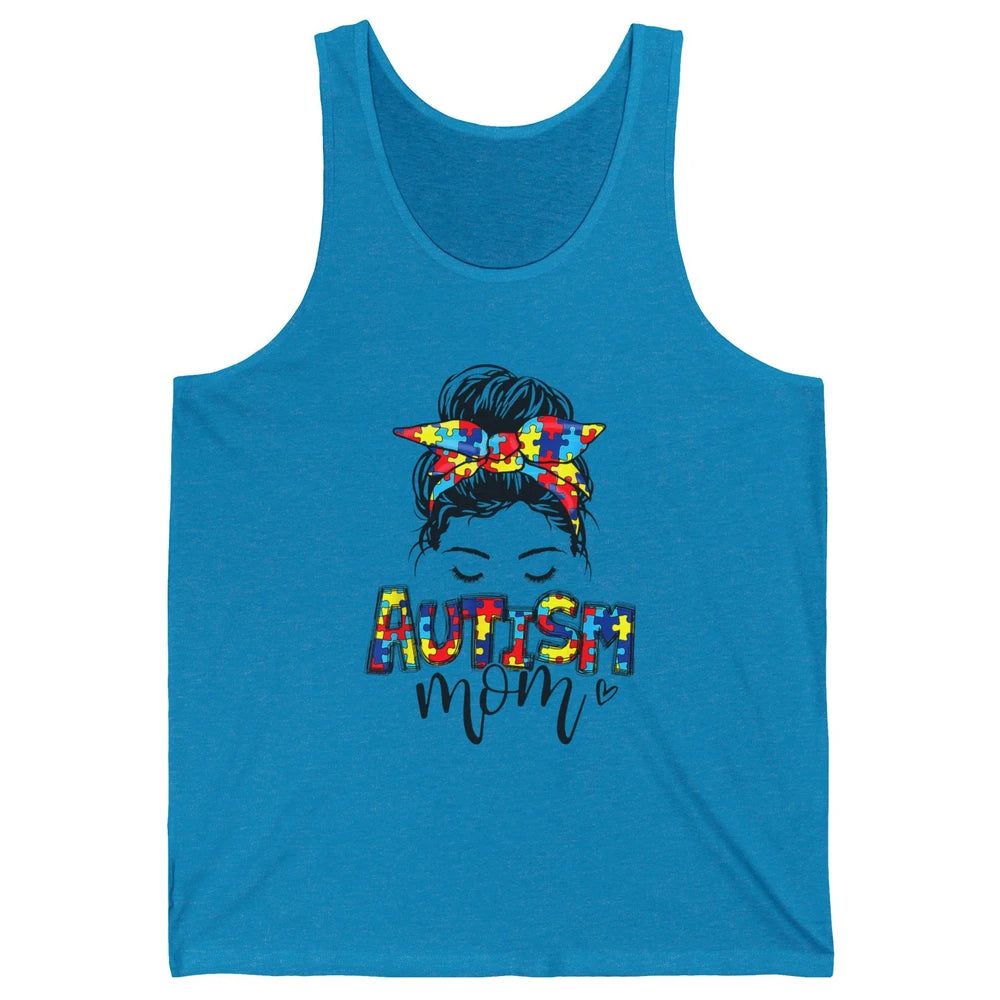 Autism Mom Messy Bun Hair Autism Awareness Puzzle Headband Unisex Jersey Tank