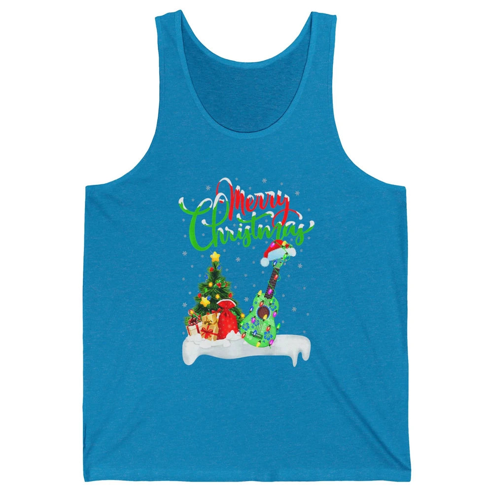 Merry Christmas Funny Ukulele Xmas Lights Santa Hat Music Unisex Jersey Tank