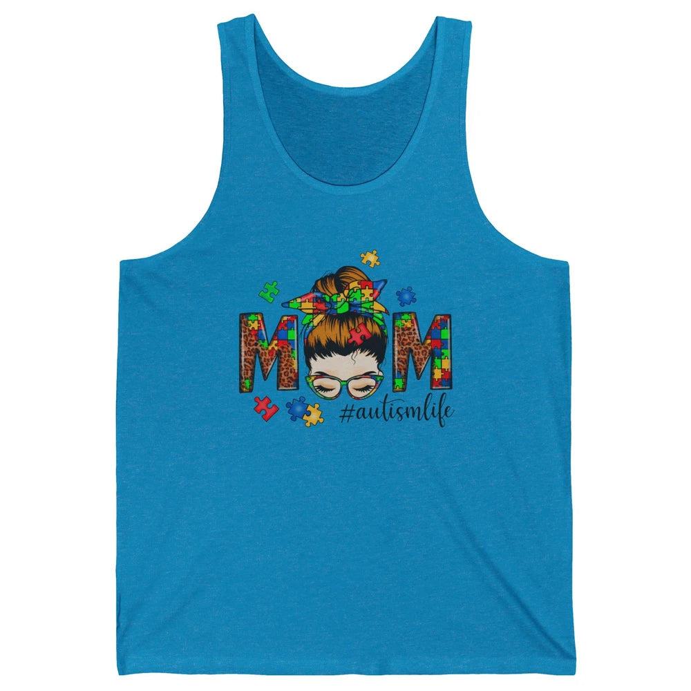 Autism Mom Messy Bun Hair Autism Leopard Puzzle Bandana Unisex Jersey Tank