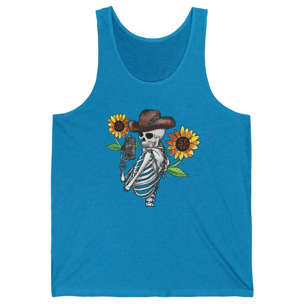 Western Cowboy Hat Skeleton Sunflower Funny Skeleton Selfie Unisex Jersey Tank