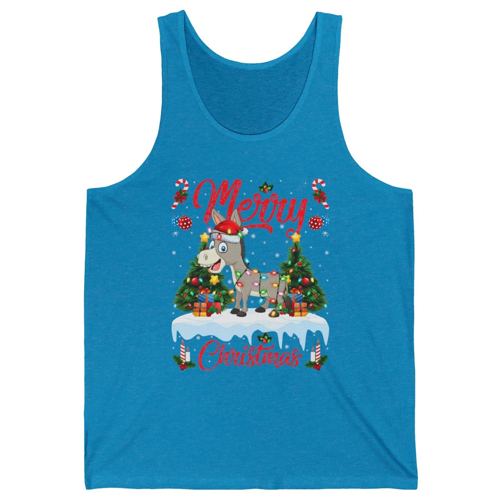 Merry Christmas Donkey Santa Claus Hat Xmas Tree Lights Snow Unisex Jersey Tank