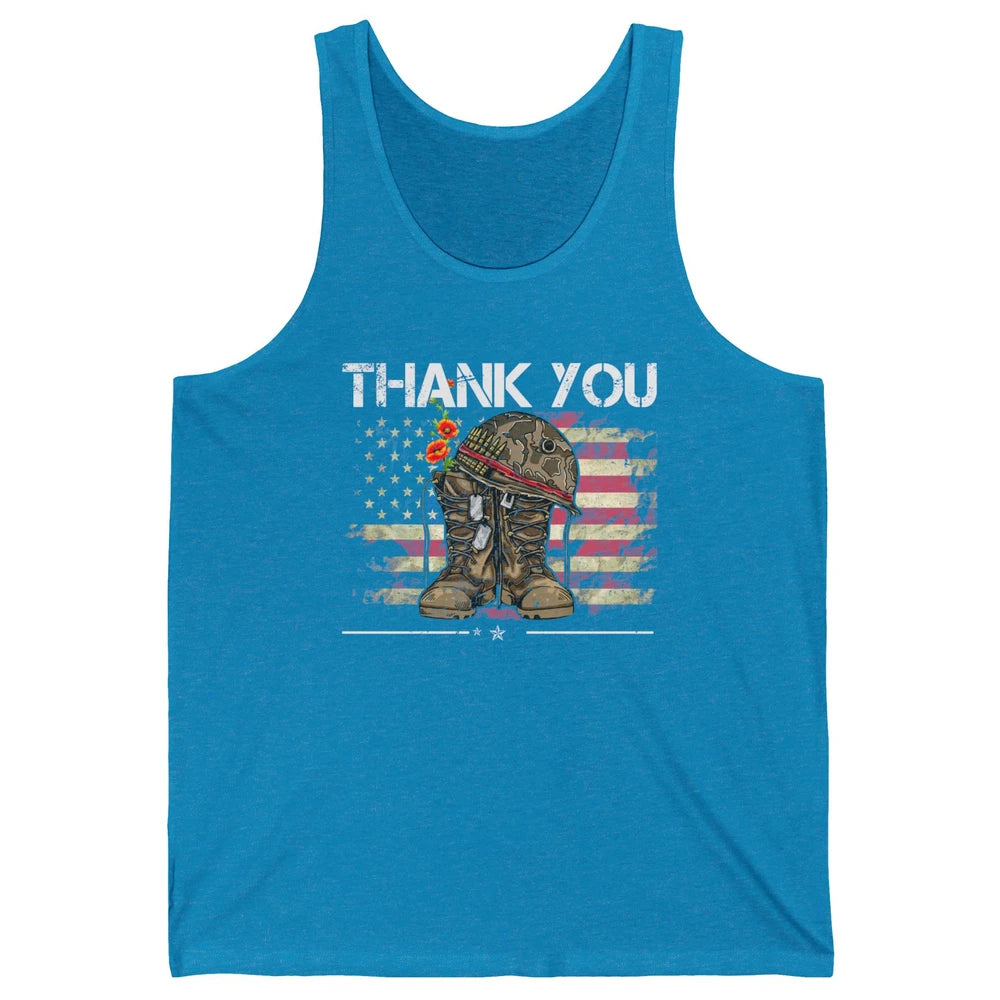 Vintage Veteran US Flag Thank You Military Boot Memorial Day Unisex Jersey Tank