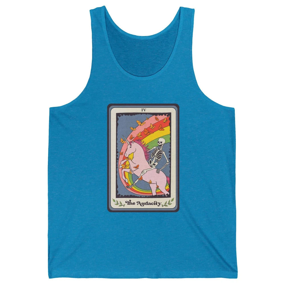 Retro Skeleton Rides Unicorn The Audacity Tarot Card Rainbow Unisex Jersey Tank