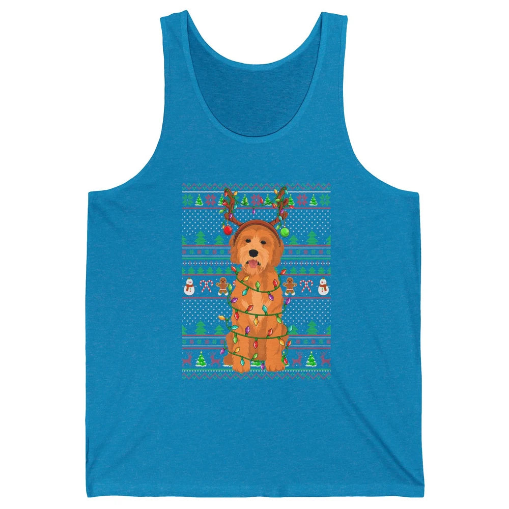 Merry Christmas Golden Doodle Dog Reindeer Xmas Lights Ugly Unisex Jersey Tank