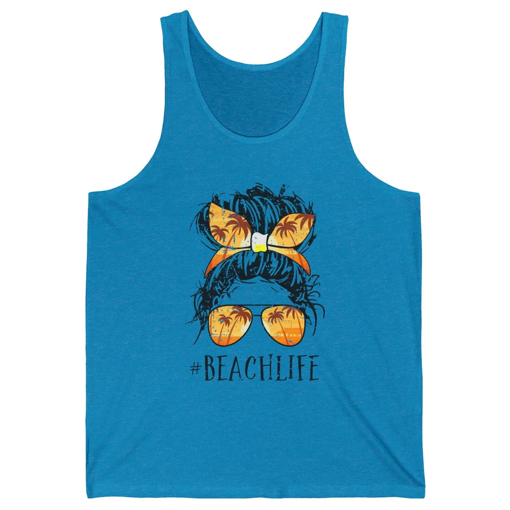 Beach Life Messy Bun Hair Retro Vintage Beach Palms Summer Unisex Jersey Tank