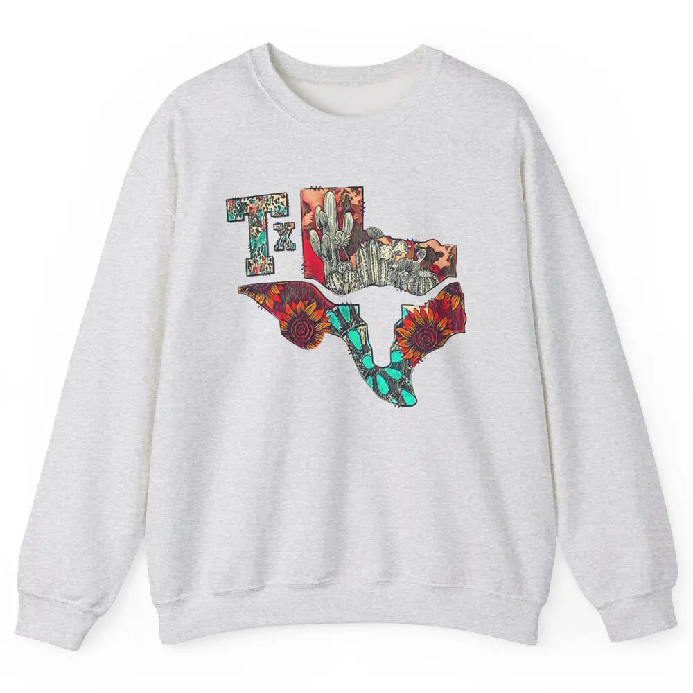 Texas Map Boho Texas State Leopard Western Desert Cactus Unisex Crewneck Sweatshirt