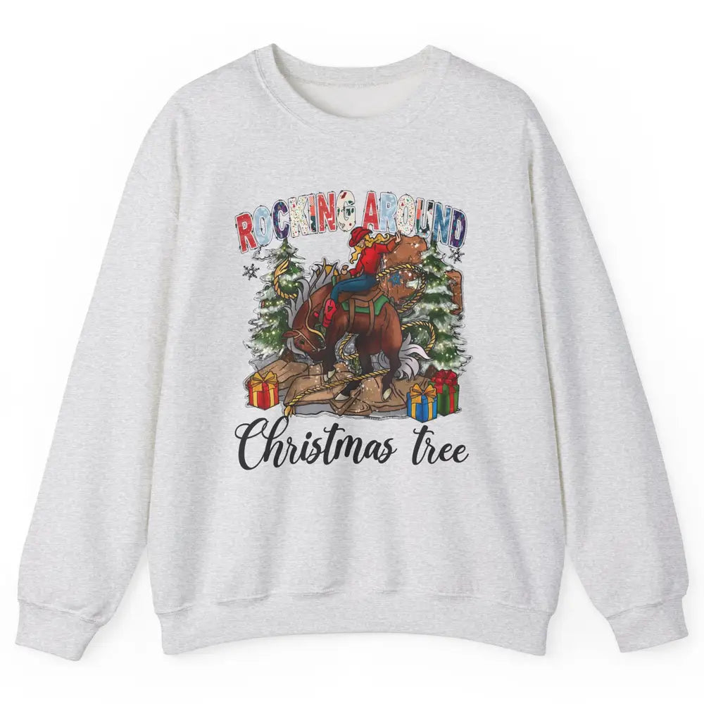 Funny Cowgirl Horsing Rocking Around Christmas Tree Western Unisex Crewneck Sweatshirt