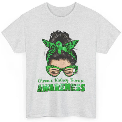 Chronic Kidney Disease Leopard Messy Bun Mom Green Ribbon Classic Unisex T-Shirt