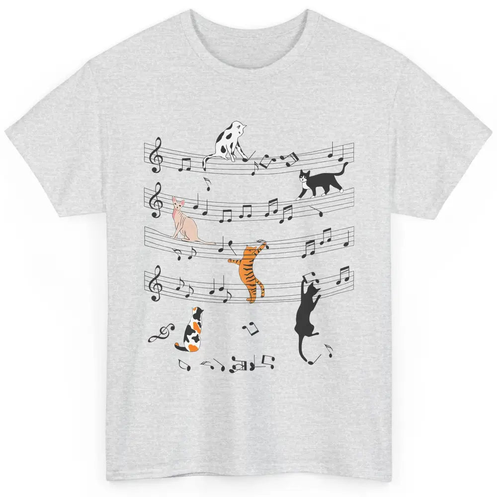 Cat On Music Sheets Cute Music Notes Funny Cat Musician Classic Unisex T-Shirt