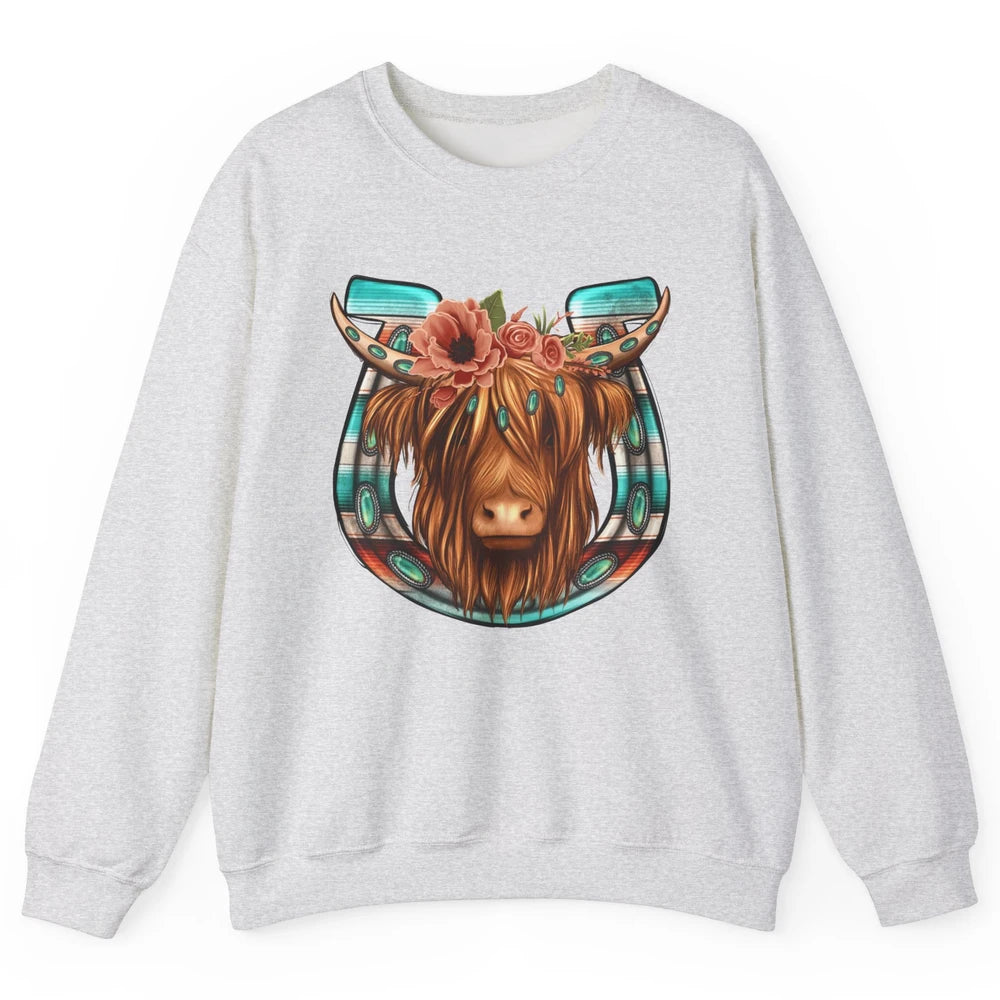 Floral Highland Cow Heifer Horseshoe Western Country Cowboy Unisex Crewneck Sweatshirt