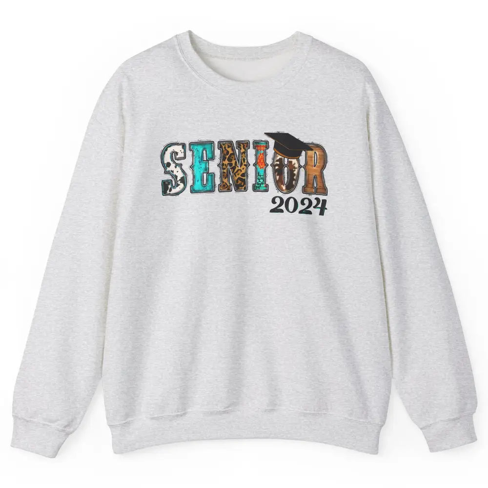 Sunflower Leopard Senior 2024 Graduate Bachelor Western Grad Unisex Crewneck Sweatshirt