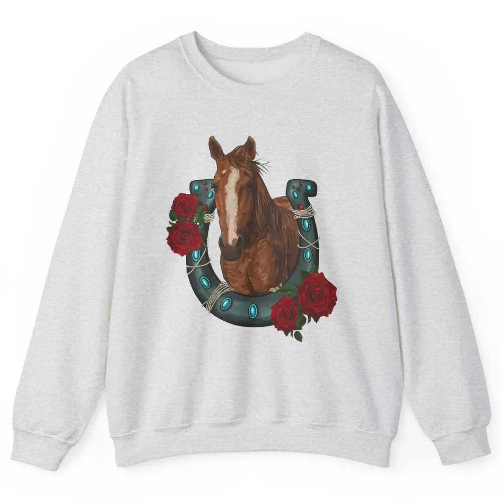 Western Country Texas Cowgirl Floral Horseshoe Horse Riding Unisex Crewneck Sweatshirt