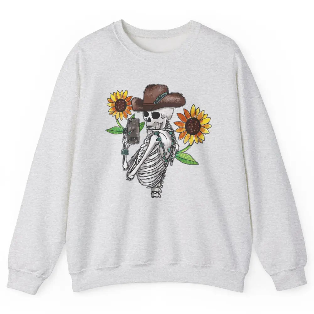 Western Cowboy Hat Skeleton Sunflower Funny Skeleton Selfie Unisex Crewneck Sweatshirt