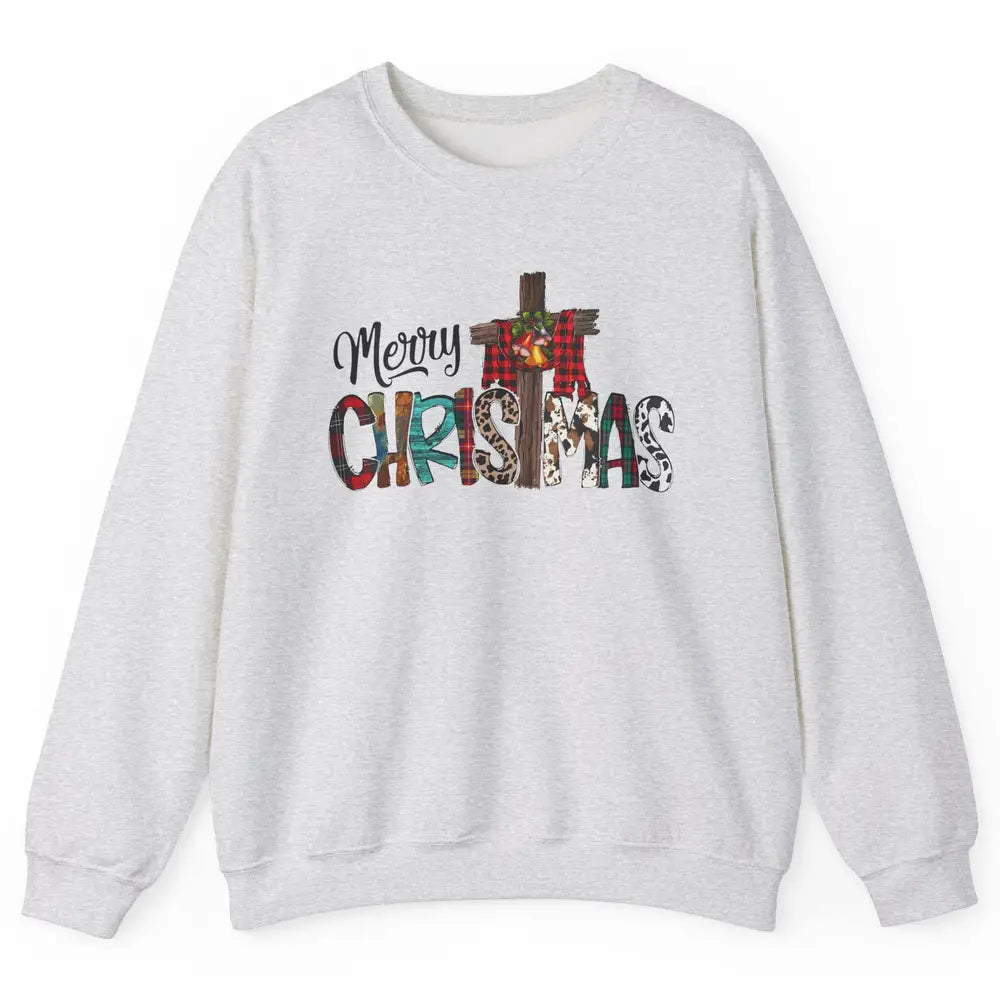 Leopard Jesus Cross Merry Christmas Christian Western Xmas Unisex Crewneck Sweatshirt