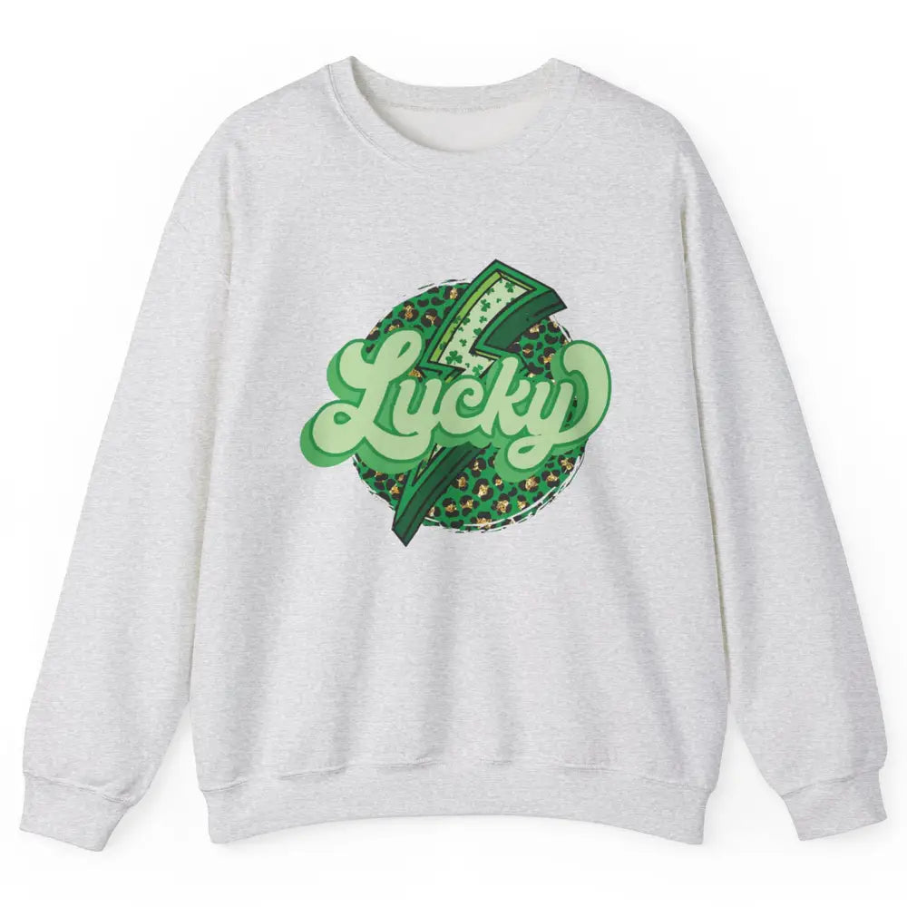 St Patrick Leopard Shamrocks Lucky Lightning Bolt Western Unisex Crewneck Sweatshirt