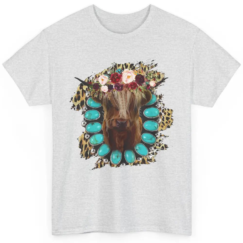 Floral Highland Cow Turquoise Western Country Cowboy Leopard Classic Unisex T-Shirt