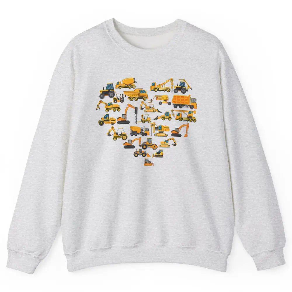 Types Of Construction Excavator Bulldozer Truck Heart Love Unisex Crewneck Sweatshirt