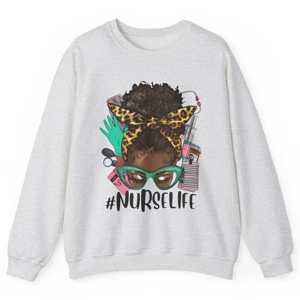 Afro Nurse Messy Bun Hair Black Melanin Nurse Life Leopard Unisex Crewneck Sweatshirt