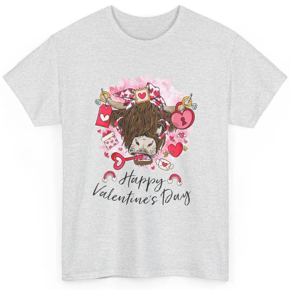 Cute Highland Cow Heart Western Happy Valentine Day Love Classic Unisex T-Shirt