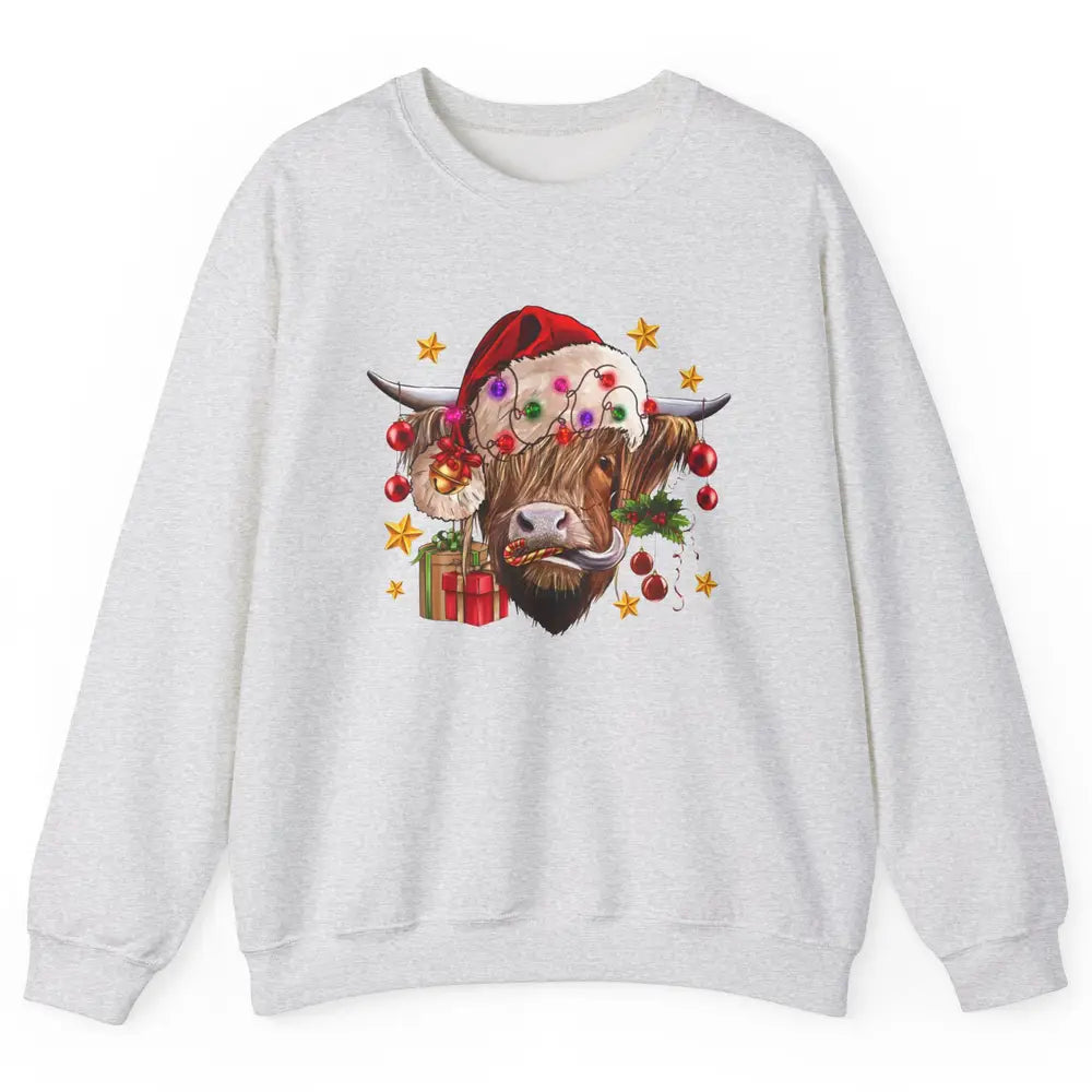 Highland Cow Joy Santa Hat Christmas Ornament Western Farm Unisex Crewneck Sweatshirt