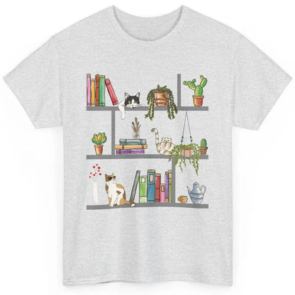 Funny Cats Lying On Floral Bookshelf Book Kitten Minimalist Classic Unisex T-Shirt