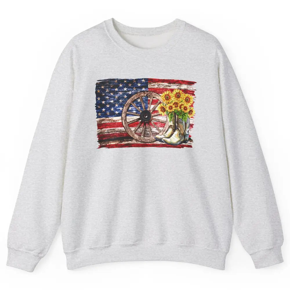 Retro US Flag Sunflower Cowgirl Boots Texas Cowboy Western Unisex Crewneck Sweatshirt