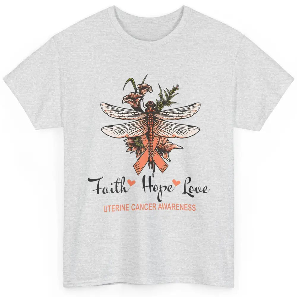 Faith Hope Love Dragonfly Peach Uterine Cancer Awareness Classic Unisex T-Shirt