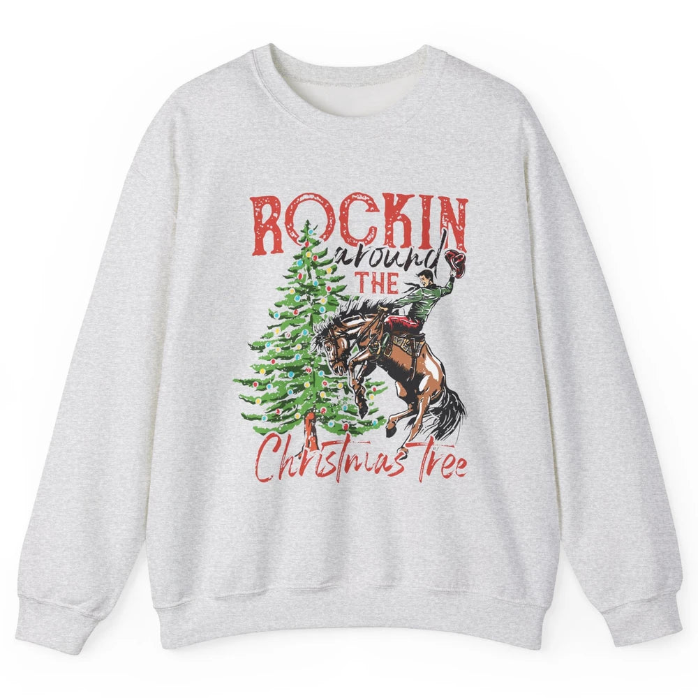 Funny Cowboy Horsing Rocking Around Christmas Tree Western Unisex Crewneck Sweatshirt