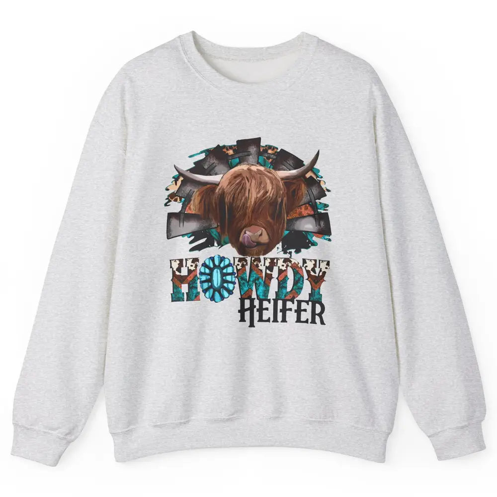 Leopard Highland Cow Howdy Heifer Western Country Cowboy Unisex Crewneck Sweatshirt