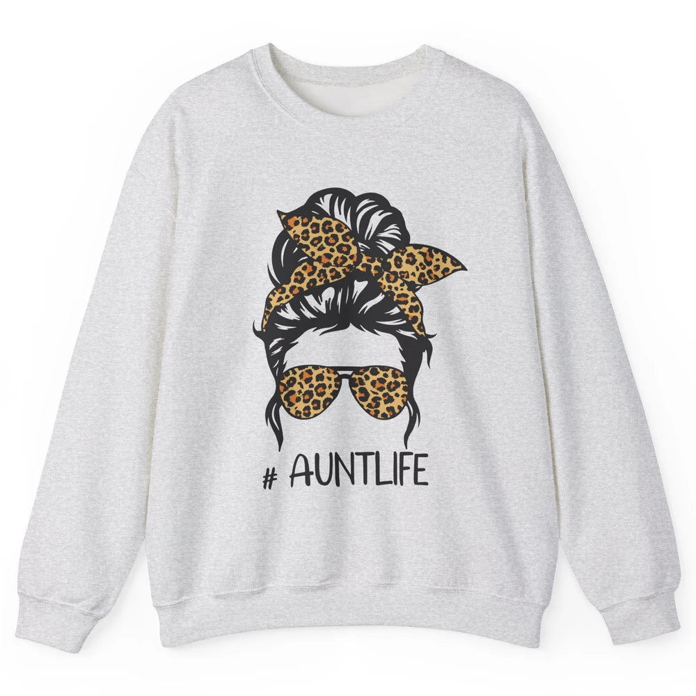 Aunt Life Messy Bun Hair Leopard Sunglasses Bandana Auntie Unisex Crewneck Sweatshirt