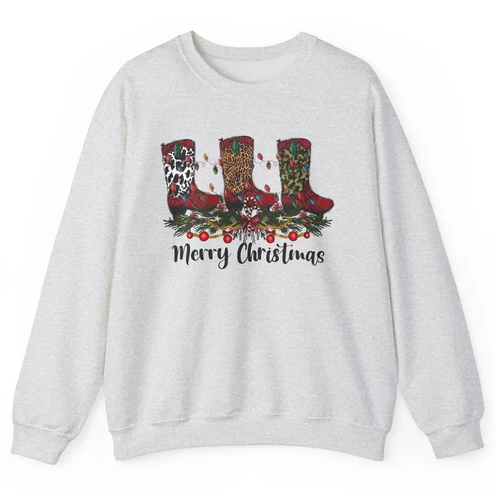 Christmas Cowboy Boots Santa Boots Leopard Western Christmas Unisex Crewneck Sweatshirt