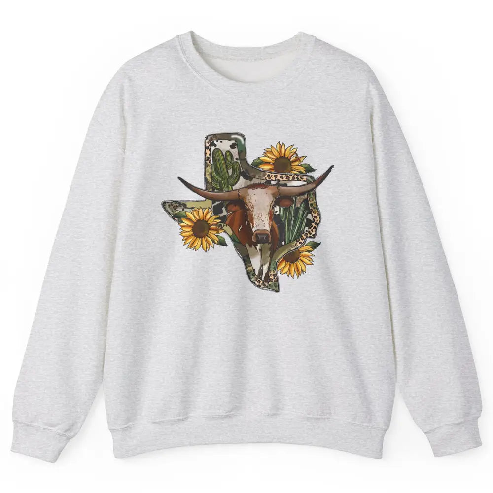 Texas Map Leopard Sunflower Western Texas Cow Longhorn Unisex Crewneck Sweatshirt