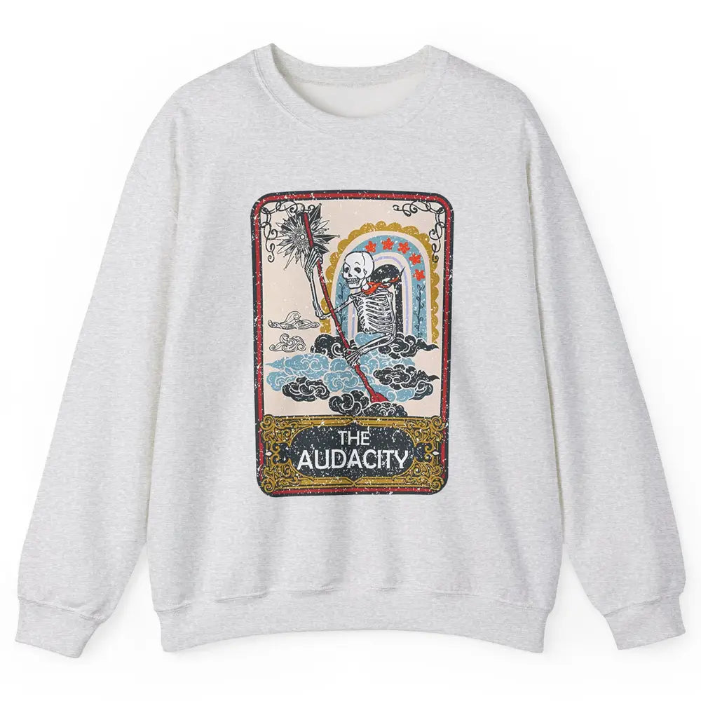 Retro Skeleton Riding Clouds Rainbow The Audacity Tarot Card Unisex Crewneck Sweatshirt