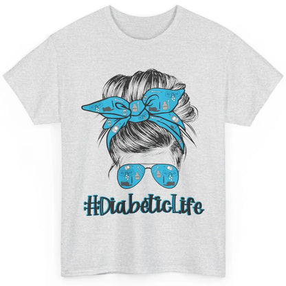 Diabetic Life Mom Messy Bun Blue Ribbon Diabetes Awareness Classic Unisex T-Shirt