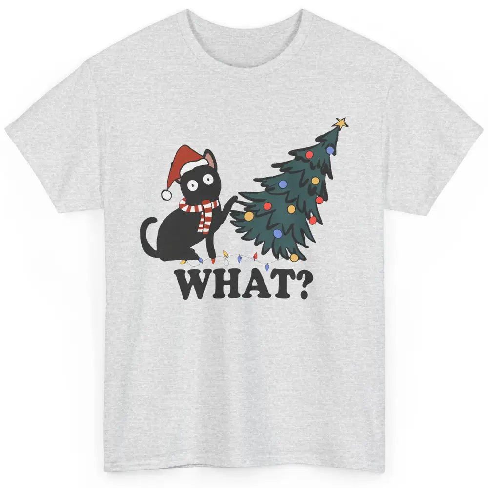 Funny Black Cat Pushing Christmas Tree What? Christmas Cat Classic Unisex T-Shirt