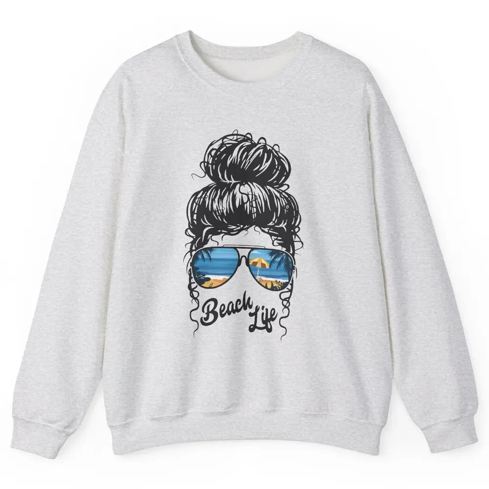 Beach Life Messy Bun Hawaiian Hair Retro Beach Palms Summer Unisex Crewneck Sweatshirt