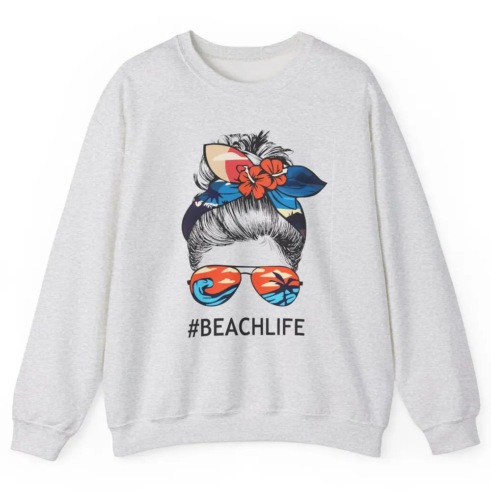 Beach Life Messy Bun Hawaiian Hair Retro Beach Palms Summer Unisex Crewneck Sweatshirt