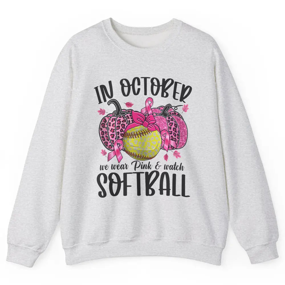 Softball Leopard Pumpkin In October Breast Cancer Awareness Unisex Crewneck Sweatshirt