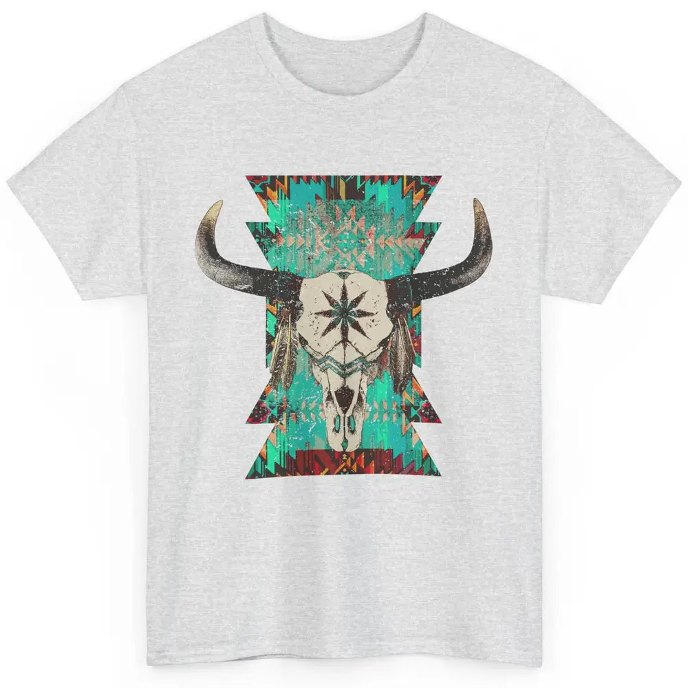 Boho Bull Skull Turquoise Aztec Western Country Rodeo Cowboy Classic Unisex T-Shirt