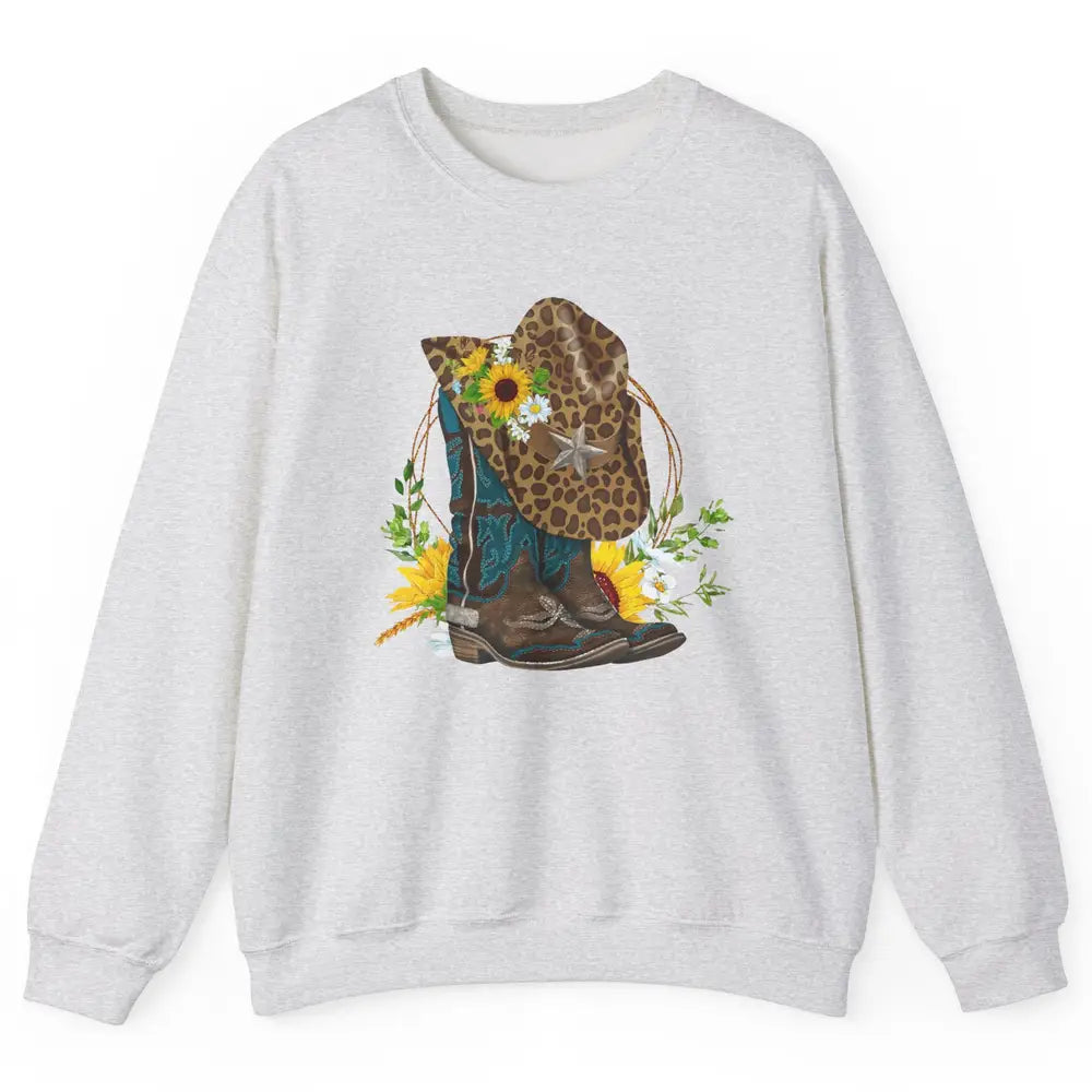 Western Floral Cowboy Boots Hat Leopard Flower Texas Vintage Unisex Crewneck Sweatshirt