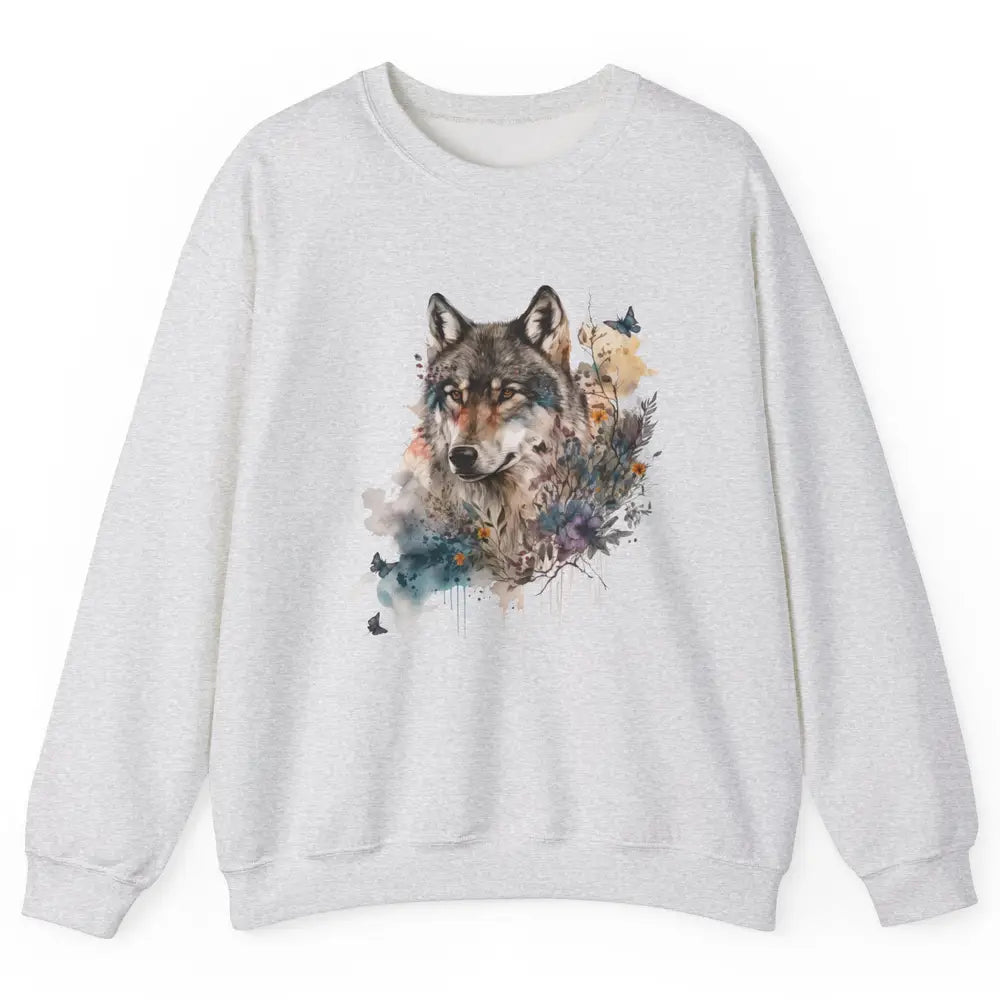 Watercolor Wolf Face Howl Butterfly Wolves Wild Animal Retro Unisex Crewneck Sweatshirt