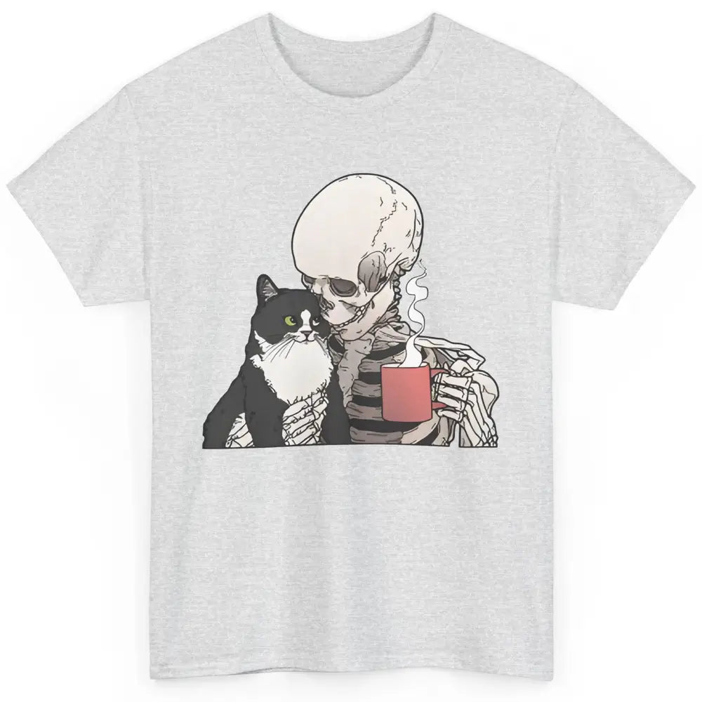 Funny Cat And Skeleton Drinking Coffee Best Friend Cat Lover Classic Unisex T-Shirt