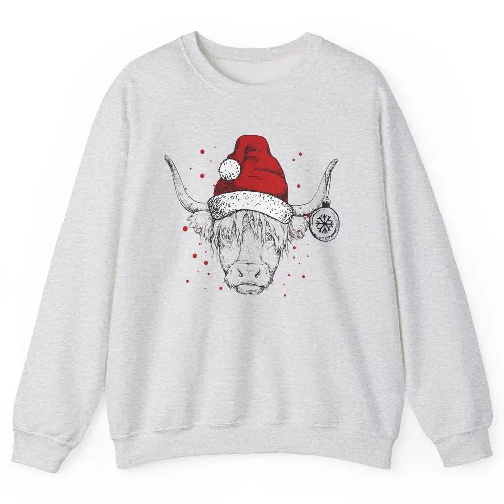 Cute Highland Cow Christmas With Santa Hat Western Xmas Cow Unisex Crewneck Sweatshirt