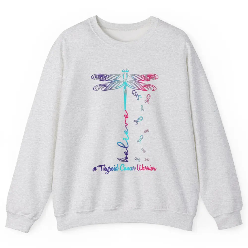 Thyroid Cancer Awareness Purple Pink Teal Ribbon Dragonfly Unisex Crewneck Sweatshirt