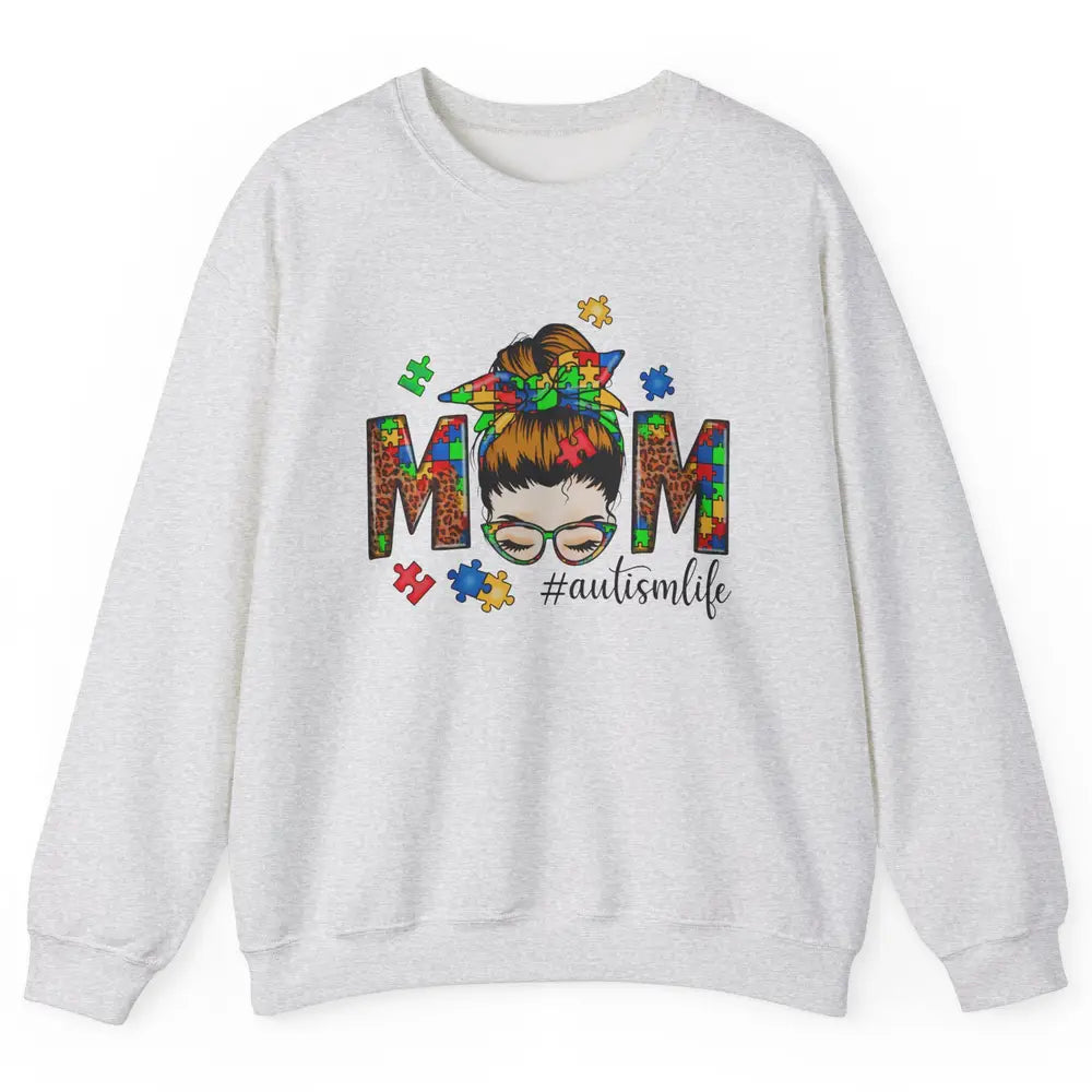 Autism Mom Messy Bun Hair Autism Leopard Puzzle Bandana Unisex Crewneck Sweatshirt