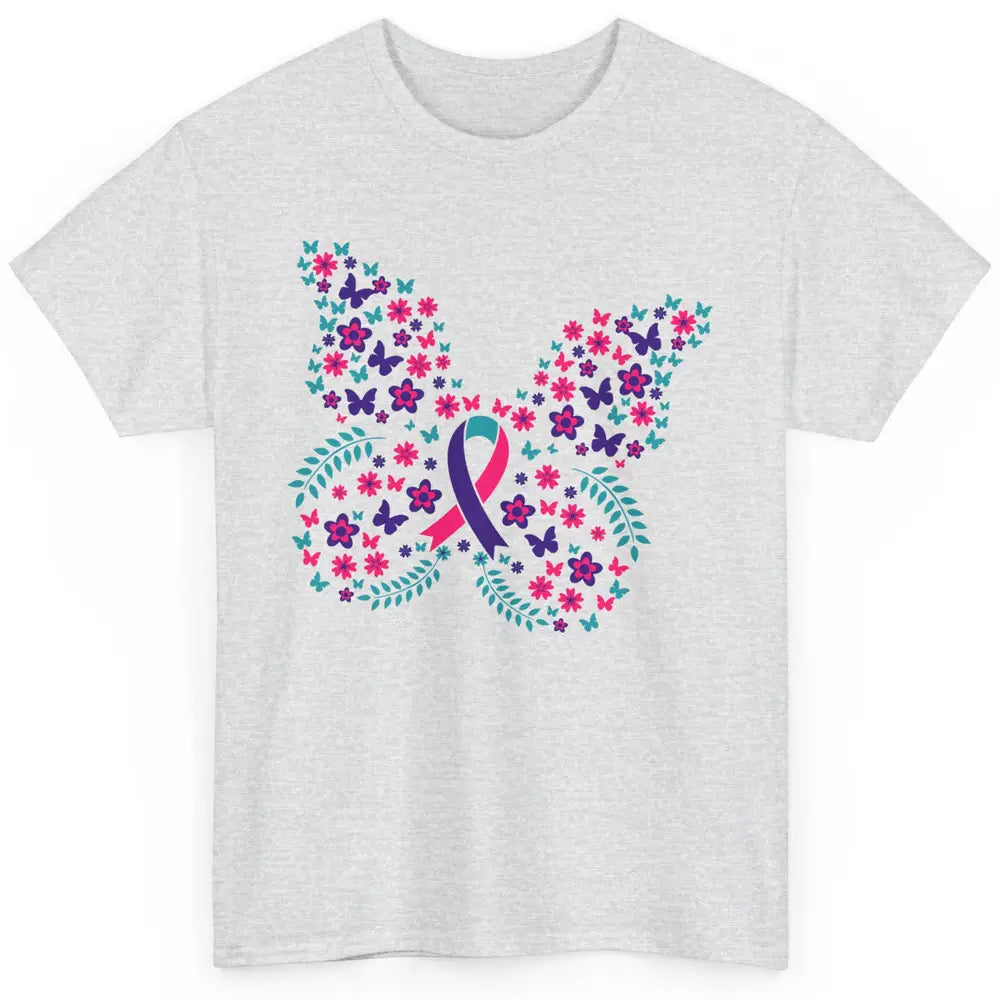 Floral Butterfly Teal Pink Warrior Thyroid Cancer Awareness Classic Unisex T-Shirt